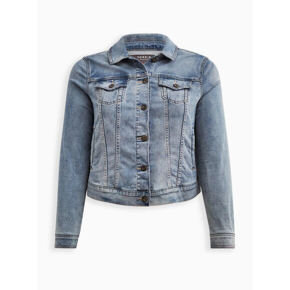 NWT Torrid Premium Knit Denim Medium Wash Collared Jean Jacket Size 1X 14-16 - Picture 4 of 9